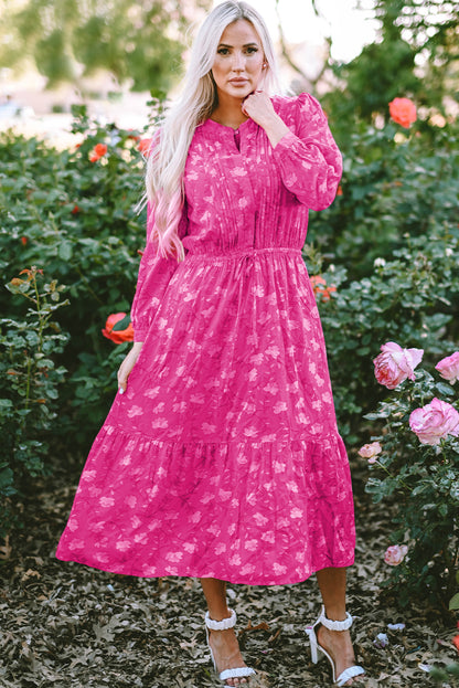 Vestido midi estampado floral plisado con cordón y cintura alta rosa rojo