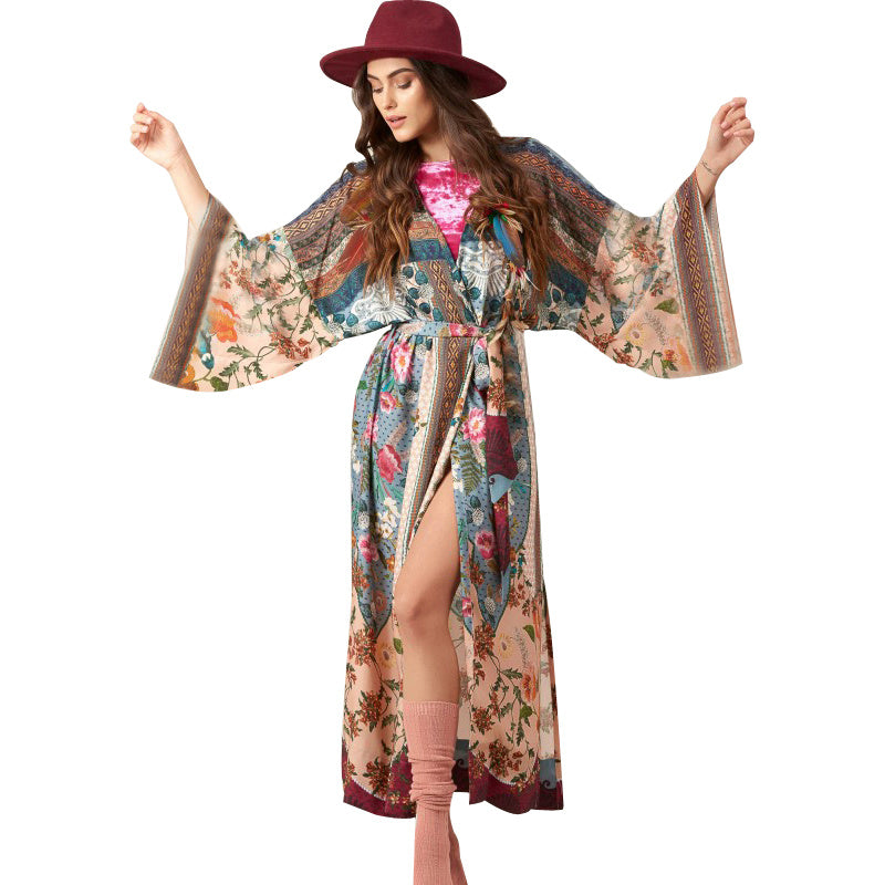 Rayon Printed Robe With Loose Waist Cardigan