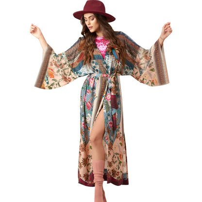 Rayon Printed Robe With Loose Waist Cardigan