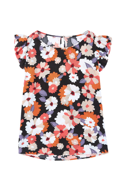 Top con cuello redondo y manga acampanada floral de talla grande