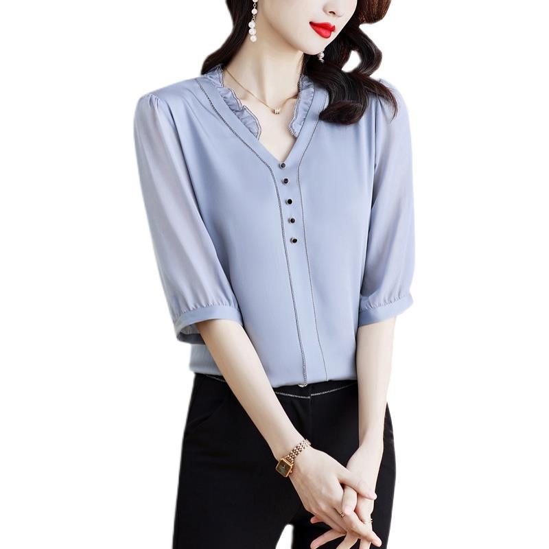 Women's New Fashion V-neck Stitching Light Luxury Chic Shirt