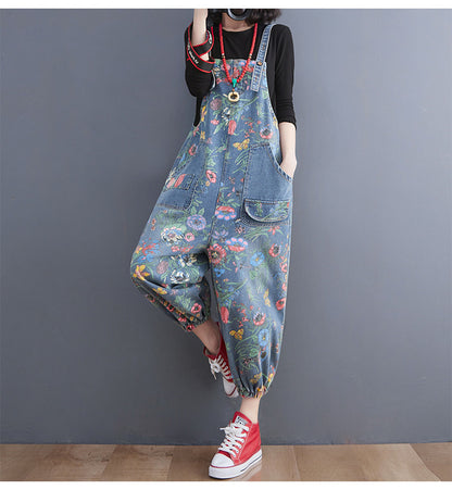 Women's Fashion Denim Printing Suspender Pants Age-reducing Ankle-tied Harem Pants