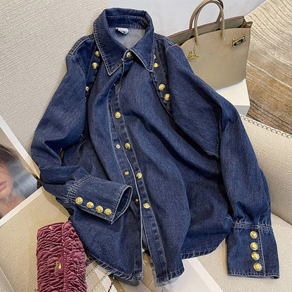 Hong Kong Style Retro Denim Shirt Female Autumn And Winter