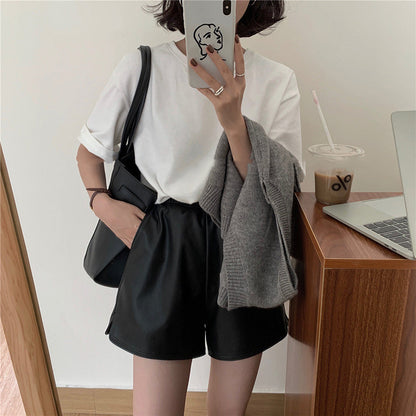 White round neck short sleeve curled bottoming shirt