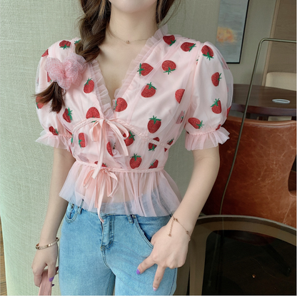 Strawberry Blouse With Bubble Sleeves With Short Sleeves