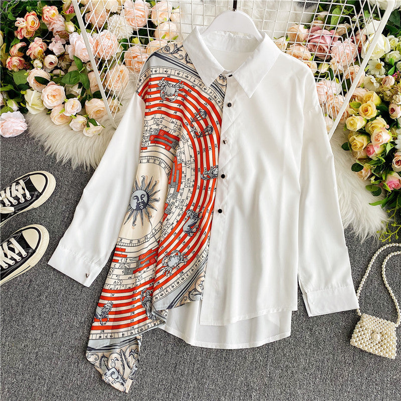 Irregular contrast color women loose shirt