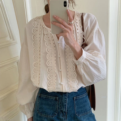 French Simple Round Neck Patchwork Cut Out Lace Shirt