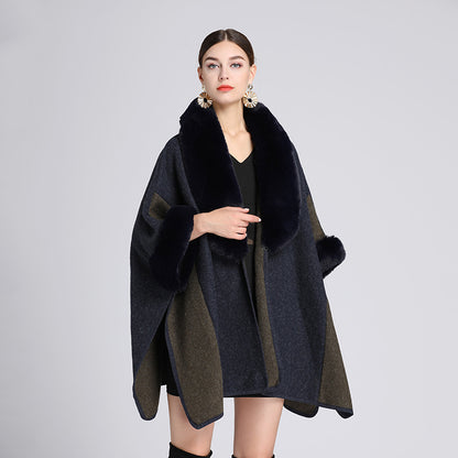 Imitation Rex Rabbit Fur Collar Cape And Shawl Women's Plus Size Loose Woolen Coat