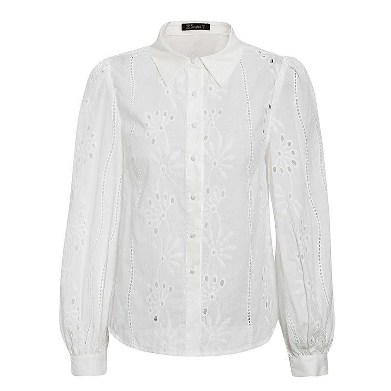 Lapel long sleeve embroidered floral shirt