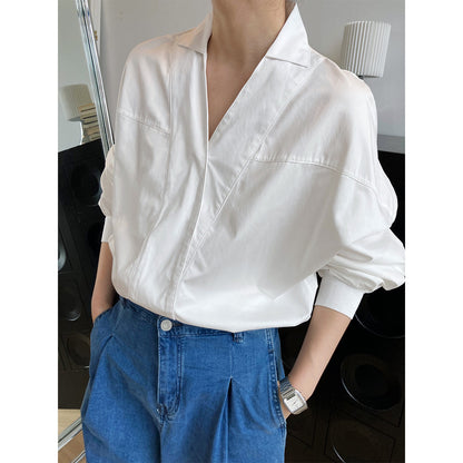 Retro Small Lapel Long-sleeved Women's Spring New Loose Silhouette Bat Sleeve Shirt