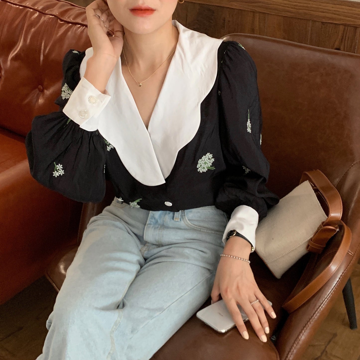 Lapel black embroidered shirt women