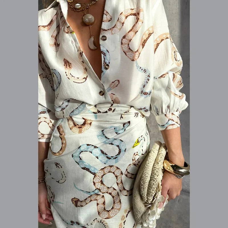 Snake Print Shirt And Skirt Suit Single-breasted Beach