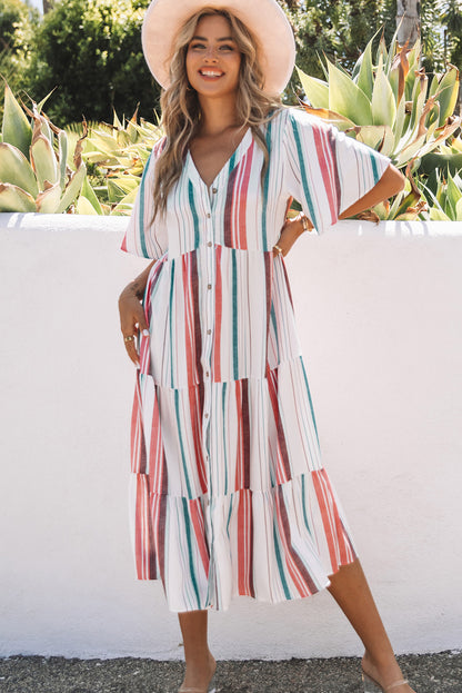 Serape Striped V Neck Buttoned Shirt Dress