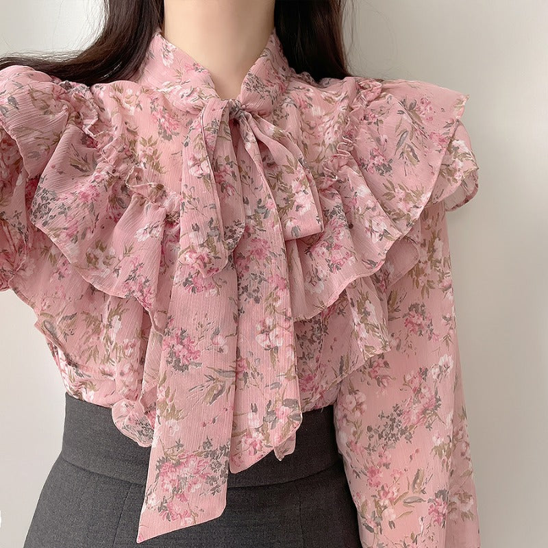 Design Sense Bow Chiffon Shirt Floral Shirt Women's Top