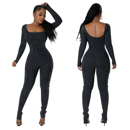 Women's Fashion Casual Solid Color Pocket Tight Jumpsuit