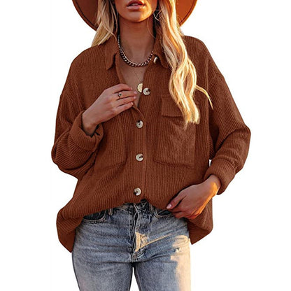 Solid Color Loose Corduroy Pocket Long Sleeve Cardigan Jacket