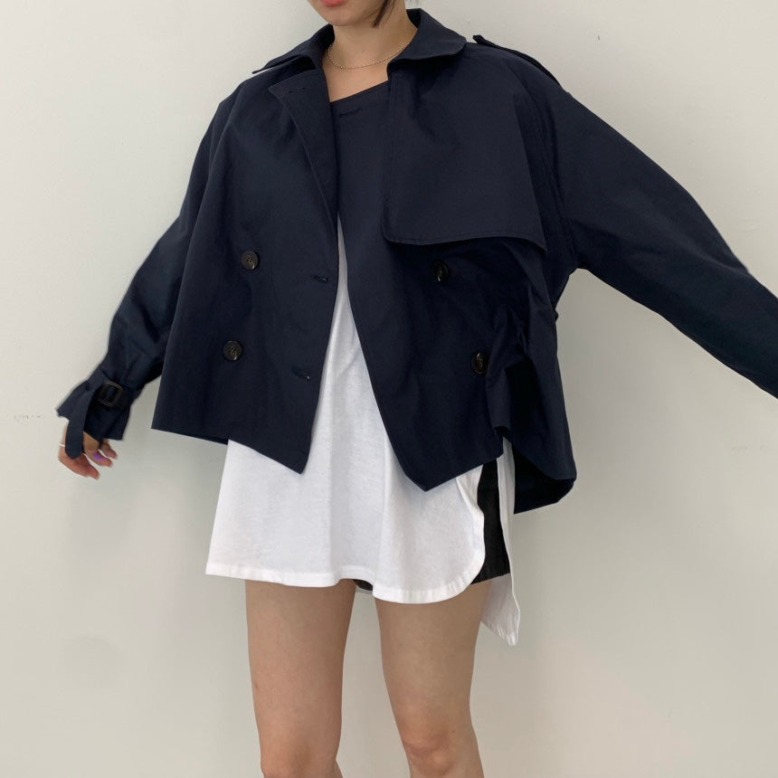 Double-breasted Loose Cropped Long-sleeve Work Trench Coat