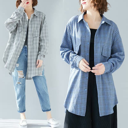 Lapel Plaid Long-sleeved Shirt Age-reducing Belly-covering Top