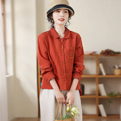 Camisa de lino y algodón para mujer con solapa