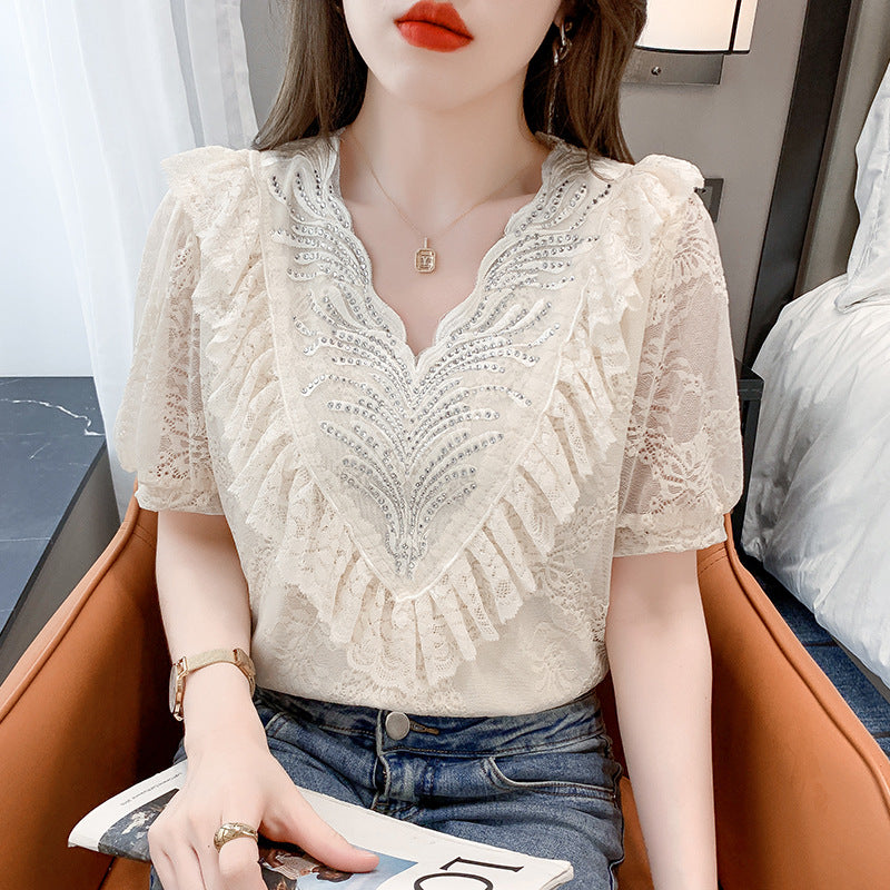 Sweet And Age-reducing Lace Chiffon Shirt Top