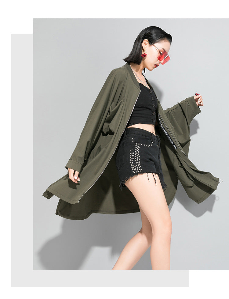 Solid color cardigan zipper trench coat