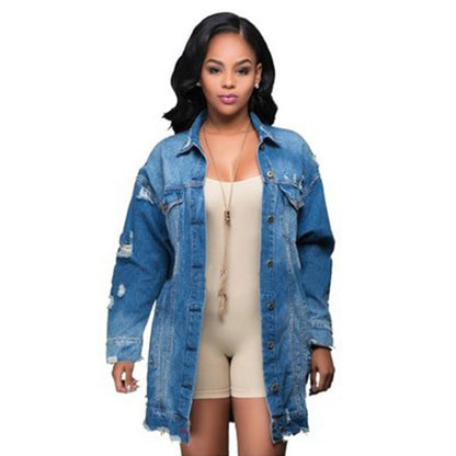 Long hole denim trench coat