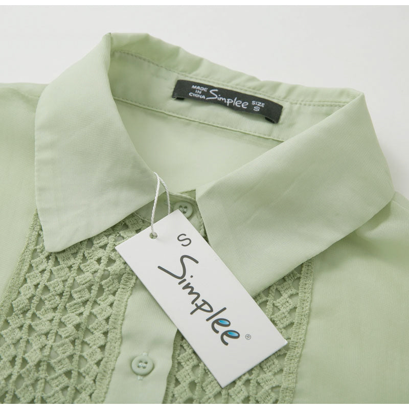 Beautiful Women's Stitching Top Fashion All-match Commuter Style Lace Chiffon Shirt Pale Green