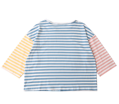 Casual Loose Women Striped T-shirt Spell Color Muppet Embroidery O Neck Three Quarter Sleeve Femme Loose Tshirt Tees Tops Cotton