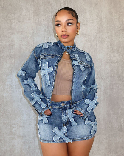 Costume de veste de jupe courte brodée en denim