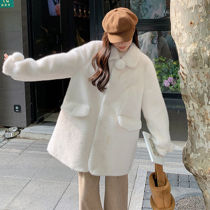 Peter Pan Collar Loose Mid-length Single-breasted Milky White Plush Coat