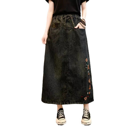 Spring Chinese Style Small Flower Embroidery High-waisted Skirt