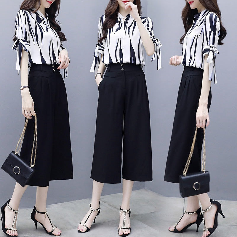 Chiffon shirt plus size thin wide leg pants two-piece suit