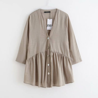 Blouse plissée col V en lin