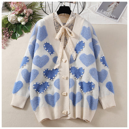 Loose beaded mid-length knitted cardigan