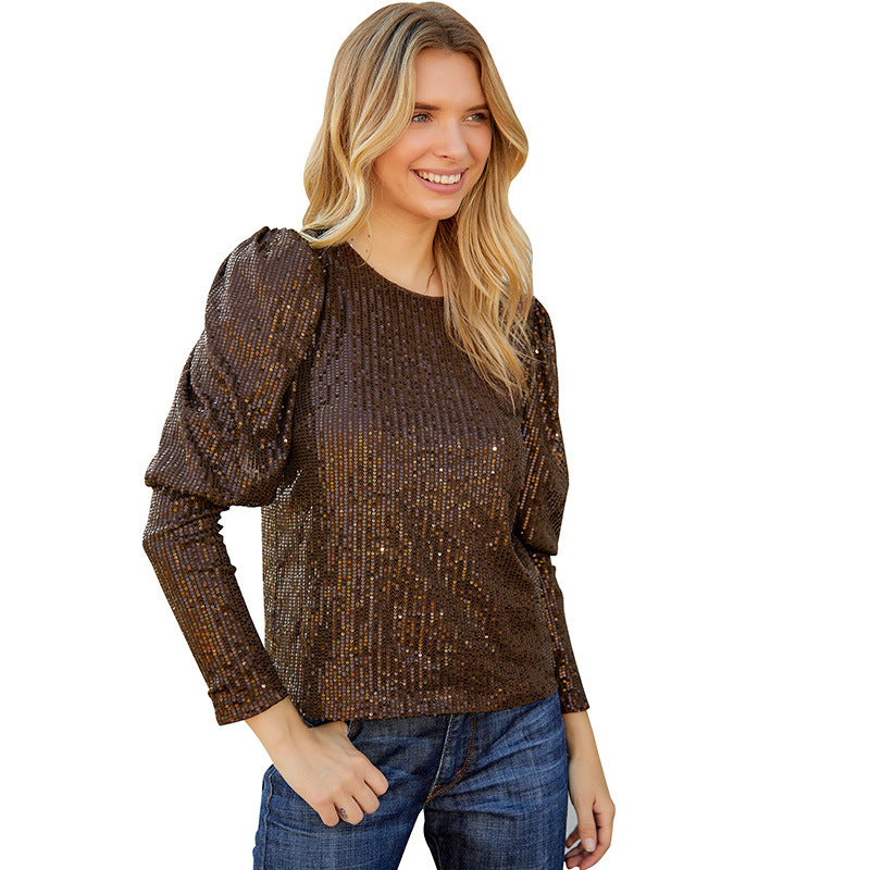 Brown Elegant Sequined Gigot Sleeve Top