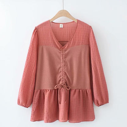 Loose Color Matching Drawstring V-Neck Long-Sleeved T-Shirt Top