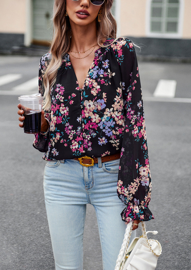 Camisas de manga larga con cuello en V y estampado floral casual para mujer