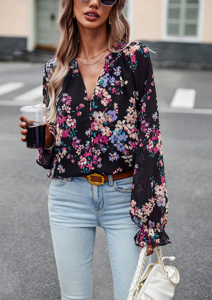 Women's Tops Casual Floral Print V Neck Long Sleeve Shirts Loose Chiffon Blouses Shirts Tops