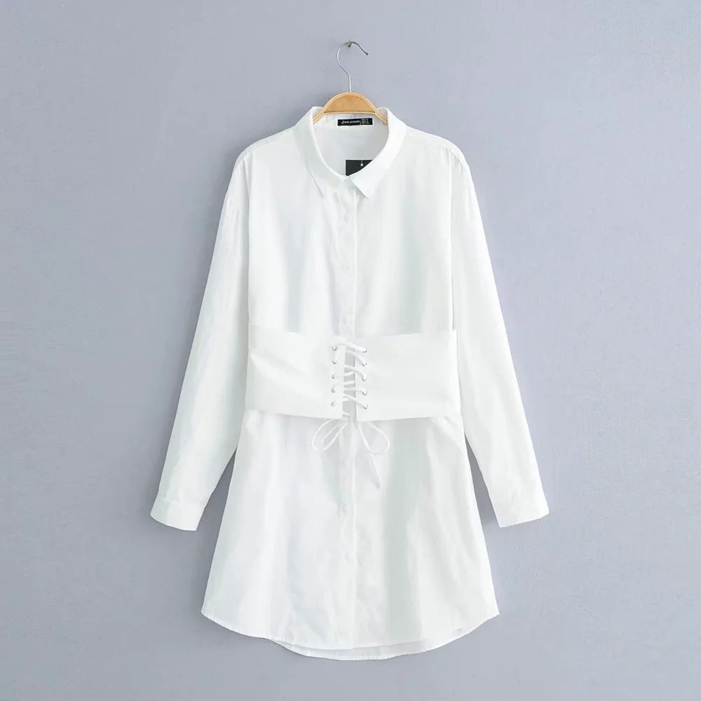 Long sleeve white shirt dress with tie waist