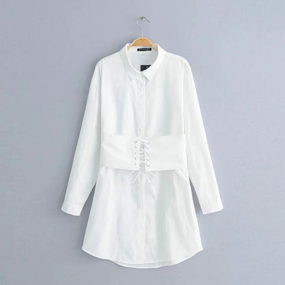 Long sleeve white shirt dress with tie waist