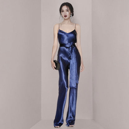 High-waisted Satin Blue Suspender Jumpsuit