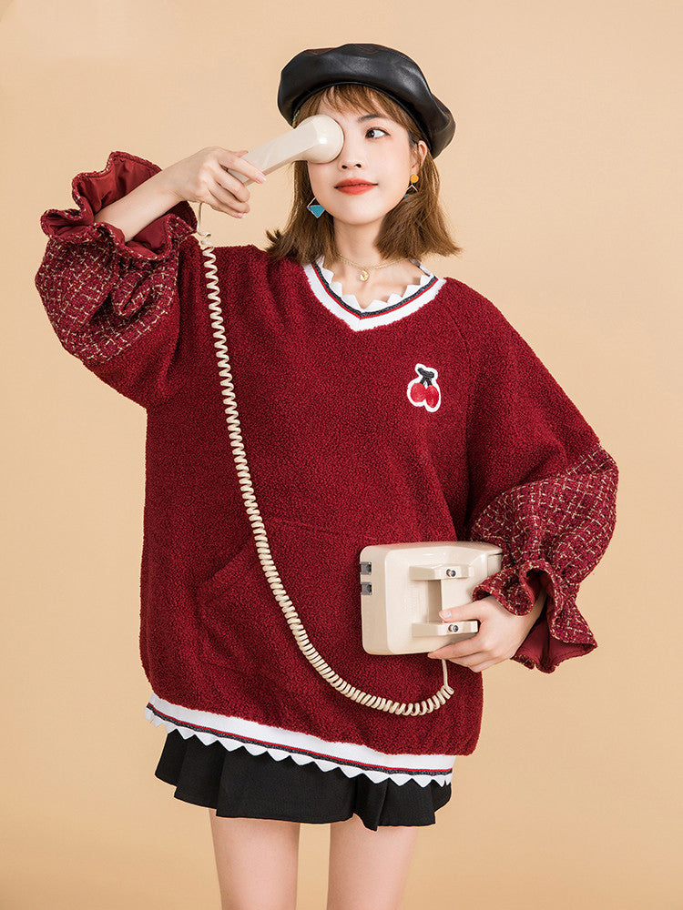 Sweet style lamb wool sweater coat