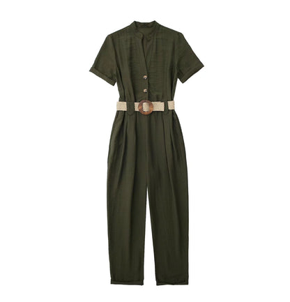 Women's Fashion Lapel Belted Cargo Jumpsuit