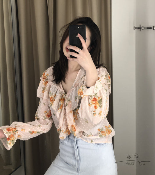 Ruffled long sleeve chiffon shirt feminine lace bottoming shirt