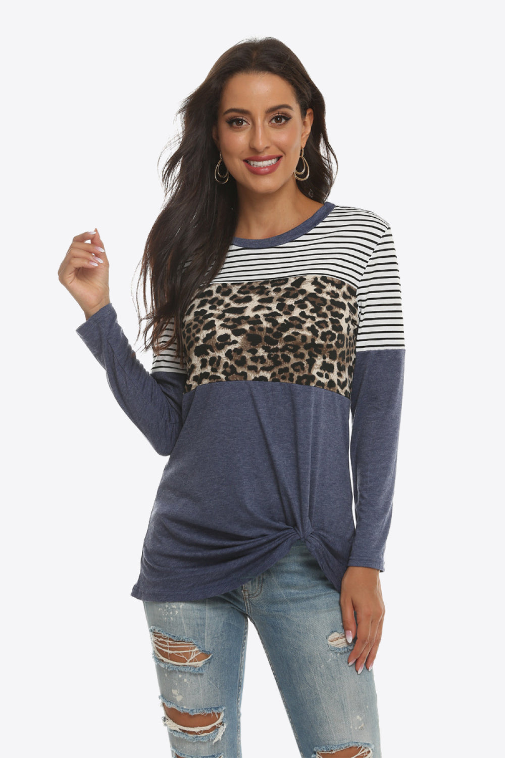 Mixed Print Gathered Detail Long Sleeve Top