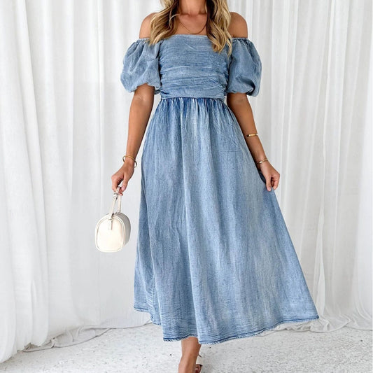 Puff Sleeve Waist-tight Denim Long Dress