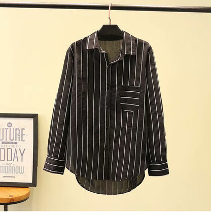 Plus size striped pocket long sleeve shirt