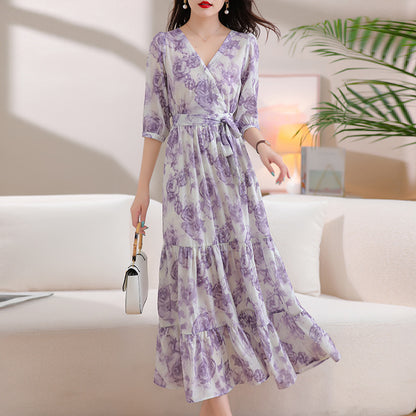 Women's Waist Trimming Printing Chiffon Dress