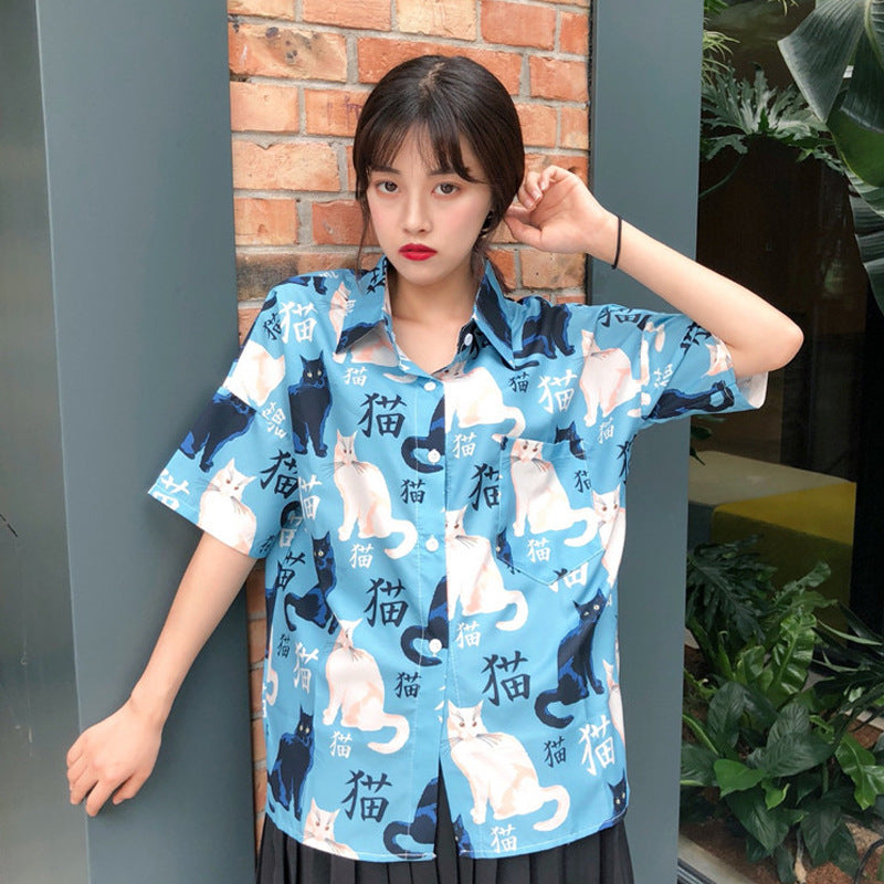 Chemise à imprimé chat de style Harajuku sauvage, haut à manches courtes 