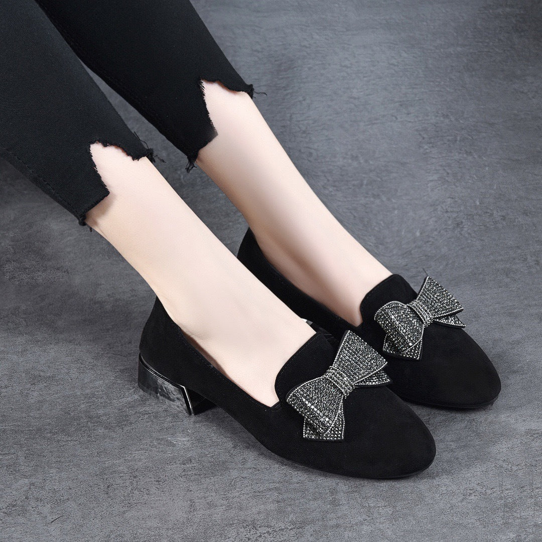 All-matching Round Toe Rhinestone Bow Leather Shoes